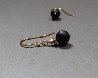 Black Onyx Earrings Simple Minimalist Matte Gold Gift for Her Petite