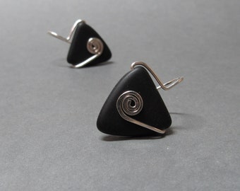 Black Triangle Earrings Geometric Jewelry Sterling Silver Matte Finish Glass Bead