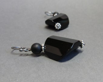 Black Onyx Earrings Large Gemstones Diamond Shape Oxidized Sterling Silver Statement