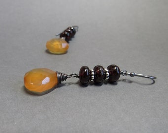 Yellow Chalcedony Earrings Garnets Long Oxidized Sterling Silver Gift for Her Gift for Wife