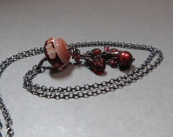 Red Lampwork Necklace Garnets January Birthstone Oxidized Sterling Silver