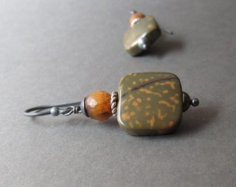 Green Jasper Earrings Tiger Eye Gift for Her Gemstone Stack Geometric Jewelry