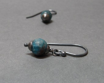 Chrysocolla Earrings Blue Green Petite Simple Minimalist Oxidized Sterling Silver Gift for Her