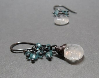 Moonstone Earrings Turquoise Apatite Cluster Oxidized Sterling Silver Gift for Wife