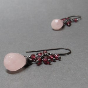 Rose Quartz Earrings Garnet Cluster Oxidized Sterling Silver Gift for Her January Birthstone