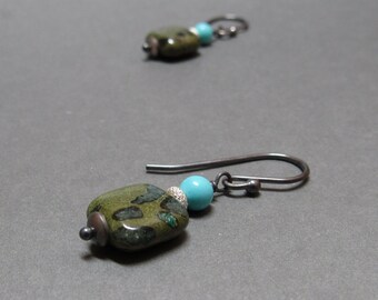 Green Agate Earrings Turquoise Gift for Her Gemstone Stack Geometric Jewelry Oxidized Sterling Silver