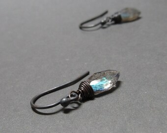 Labradorite Earrings Petite Blue Flash Marquis Gemstone Oxidized Sterling Silver Gift for Her