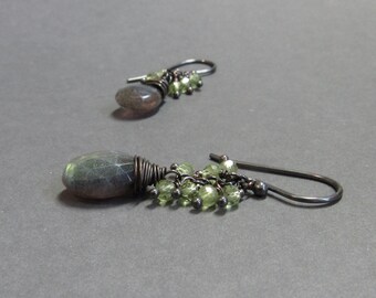 Labradorite Earrings Peridot Cluster August Birthstone Oxidized Sterling Silver Gift for Her