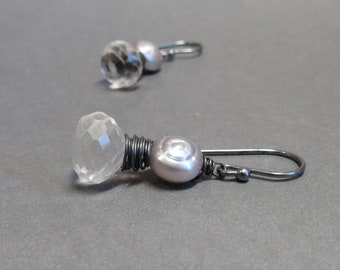 Crystal Quartz Earrings Gray Pearls Sterling Silver Clear Gift for Her