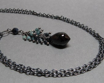 Black Spinel Necklace Teal Tourmaline Cascade Cluster Oxidized Sterling Silver Long Gift for Wife