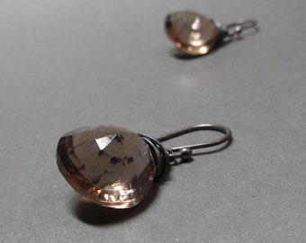 Smoky Quartz Earrings Concave Cut Oxidized Sterling Silver Gift for Wife