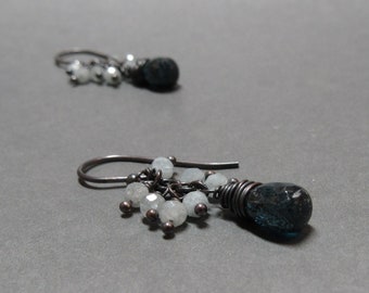 Moss Kyanite Earrings Aquamarine Cluster Oxidized Sterling Silver Gift for Her March Birthstone