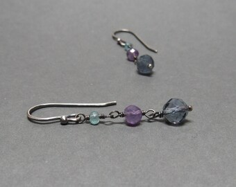 Fluorite Earrings Amethyst, Apatite Long Dangle Oxidized Sterling Silver Gift for Mom