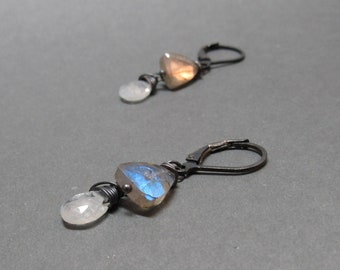 Labradorite Triangle Earrings White Moonstone Oxidized Sterling Silver Gift for Her Chain Dangle