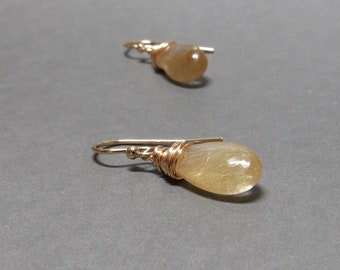 Gold Rutilated Quartz Earrings Gold Wire Wrapped Gift for Her