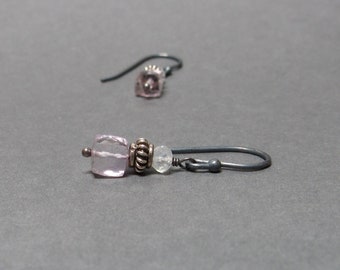 Pink Amethyst Cube Earrings Petite Geometric Jewelry White Moonstone Oxidized Sterling Silver Gift for Her