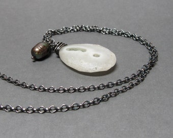 Solar Quartz Necklace Green Pearl Pendant Oxidized Sterling Silver