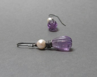 Purple Amethyst Earrings White Pearls February, June Birthstone Oxidized Sterling Silver Wire Wrapped