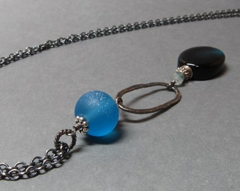 Long Blue Necklace Agate, Lampwork Oxidized Sterling Silver Gift for Wife