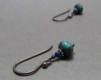 Chrysocolla Earrings Lapis Lazuli Oxidized Sterling Silver Gift for Her Petite Gemstone Stack