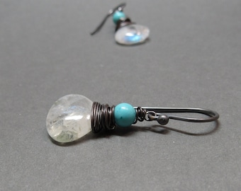 White Moonstone Earrings Turquoise Wire Wrapped Oxidized Sterling Silver Gift for Mom