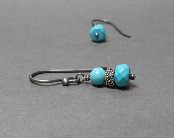 Turquoise Earrings Oxidized Sterling Silver Petite Small Gift for Girlfriend