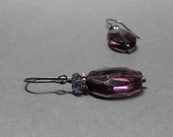 Purple Glass Bead Earrings Violet Oxidized Sterling Silver Gift for Her