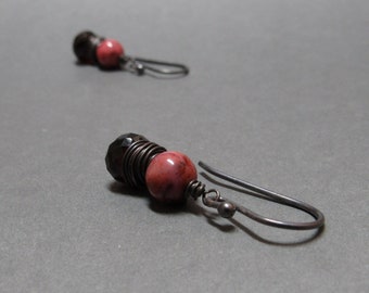 Garnet Earrings Pink Agate January Birthstone Gemstone Stack Oxidized Sterling Silver Wire Wrapped