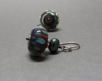 Glass Lampwork Earrings Blue Pearl Sterling Silver Gift for Her