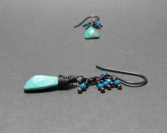 Turquoise Earrings Cluster Oxidized Sterling Silver Gift for Her December Birthstone