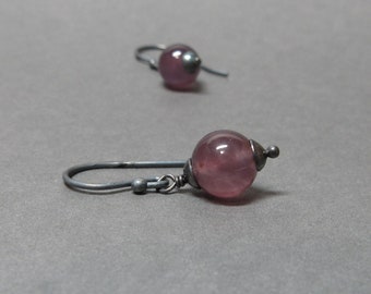 Purple Chalcedony Earrings Petite Simple Minimalist Oxidized Sterling Silver Gift for Her