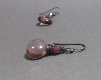 Purple Amethyst Earrings Pink Tourmaline February Birthstone Oxidized Sterling Silver Wire Wrapped