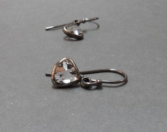 Clear Glass Earrings Triangle Faceted Petite Oxidized Sterling Silver