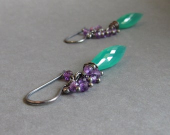 Green Onyx Amethyst Earrings Purple Cluster Oxidized Sterling Silver Gift for Her February Birthstone