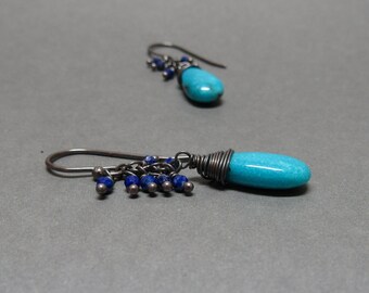 Turquoise Earrings Lapis Lazuli Cluster Oxidized Sterling Silver Gift for Her