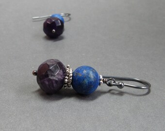 Purple Amethyst Earrings Lapis Lazuli Oxidized Sterling Silver February Birthstone Gift for Her Gemstone Stack