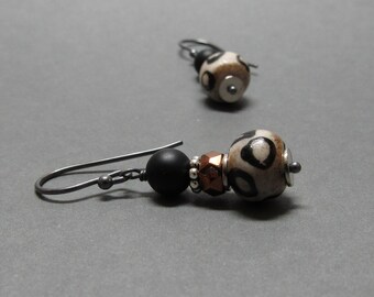 Glass Lampwork Earrings Black Onyx Vintage Glass Beads Sterling Silver Gift for Her