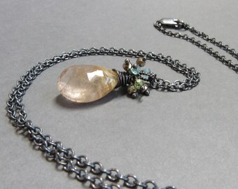 Rutilated Quartz Necklace Pyrite Peridot Apatite Cluster Oxidized Sterling Silver Gift for Wife