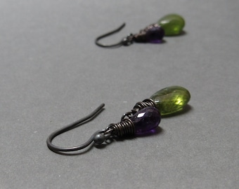 Vesuvianite, Amethyst Earrings Chain Dangle Oxidized Sterling Silver Gift for Her February Birthstone
