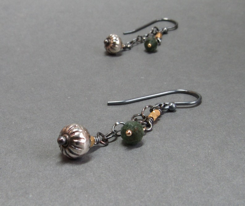 Green Tourmaline Earrings Chain Mixed Metals Sterling Silver Oxidized Gift for Her image 6