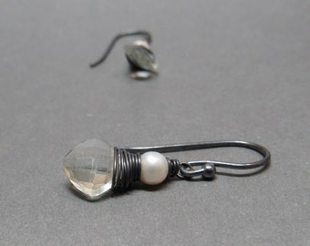 Green Amethyst Earrings White Pearls Oxidized Sterling Silver Gift for Girlfriend Wire Wrapped
