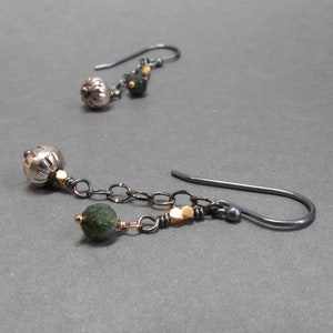 Green Tourmaline Earrings Chain Mixed Metals Sterling Silver Oxidized Gift for Her image 2