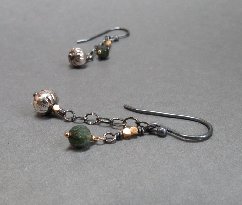Green Tourmaline Earrings Chain Mixed Metals Sterling Silver Oxidized Gift for Her image 2