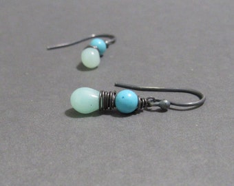 Turquoise, Chrysoprase Earrings Blue Green Gemstones Oxidized Sterling Silver Wire Wrapped Gift for Her Gift for Girlfriend