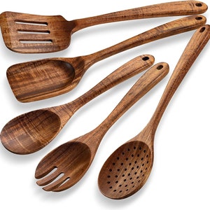 5-Piece Teak Wood Kitchen Utensil Set | Premium Spoons, Turners, Skimmer & Spatulas for Gourmet Cooking | Cute Kitchen Set