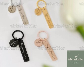 Gepersonaliseerde geboorte bloem sleutelhanger, roestvrijstalen staaf sleutelhanger, aangepaste naam bloem sleutelhanger, verjaardag Moederdag cadeau