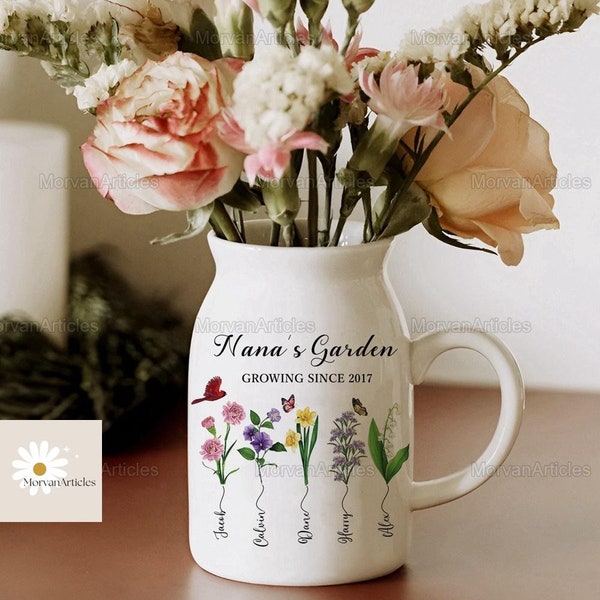 Flower Vase Gifts For Mom, Personalized Birth Month Flower Vase, Grandma's Garden Flower Vase, Custom Kids Name Flowers Vase