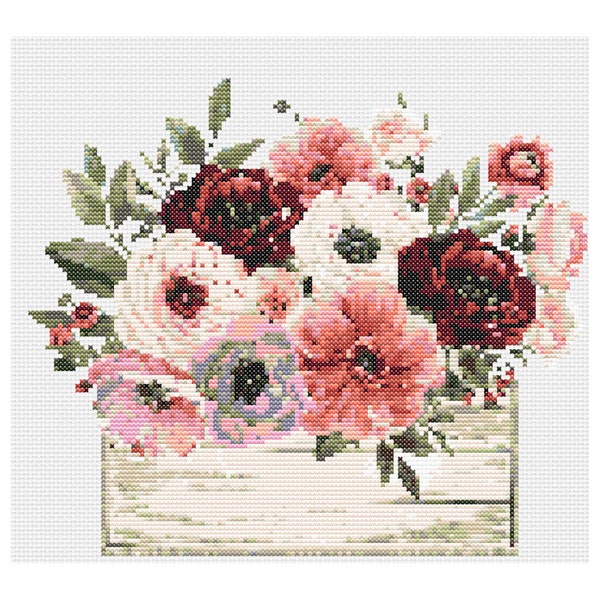 Beautiful Flowers in a Box Cross Stitch Pattern, Shabby Chic Style, PDF Pattern, Modern Cross Stitch, Hand Embroidery,Modern Hoop Art