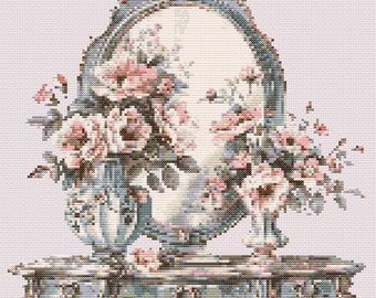 Mirror and Vase with Flowers Cross Stitch Pattern, Shabby Chic Mirror Pattern PDF, Modern Cross Stitch, Hand Embroidery, Modern Hoop Art