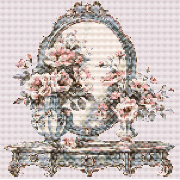 Mirror and Vase with Flowers Cross Stitch Pattern, Shabby Chic Mirror Pattern PDF, Modern Cross Stitch, Hand Embroidery, Modern Hoop Art